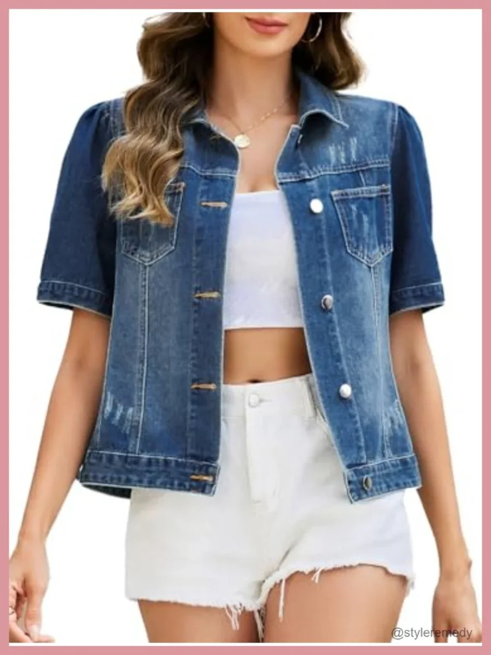 Women's Cropped Denim Jacket Puff Sleeve Distressed Ripped Button Down